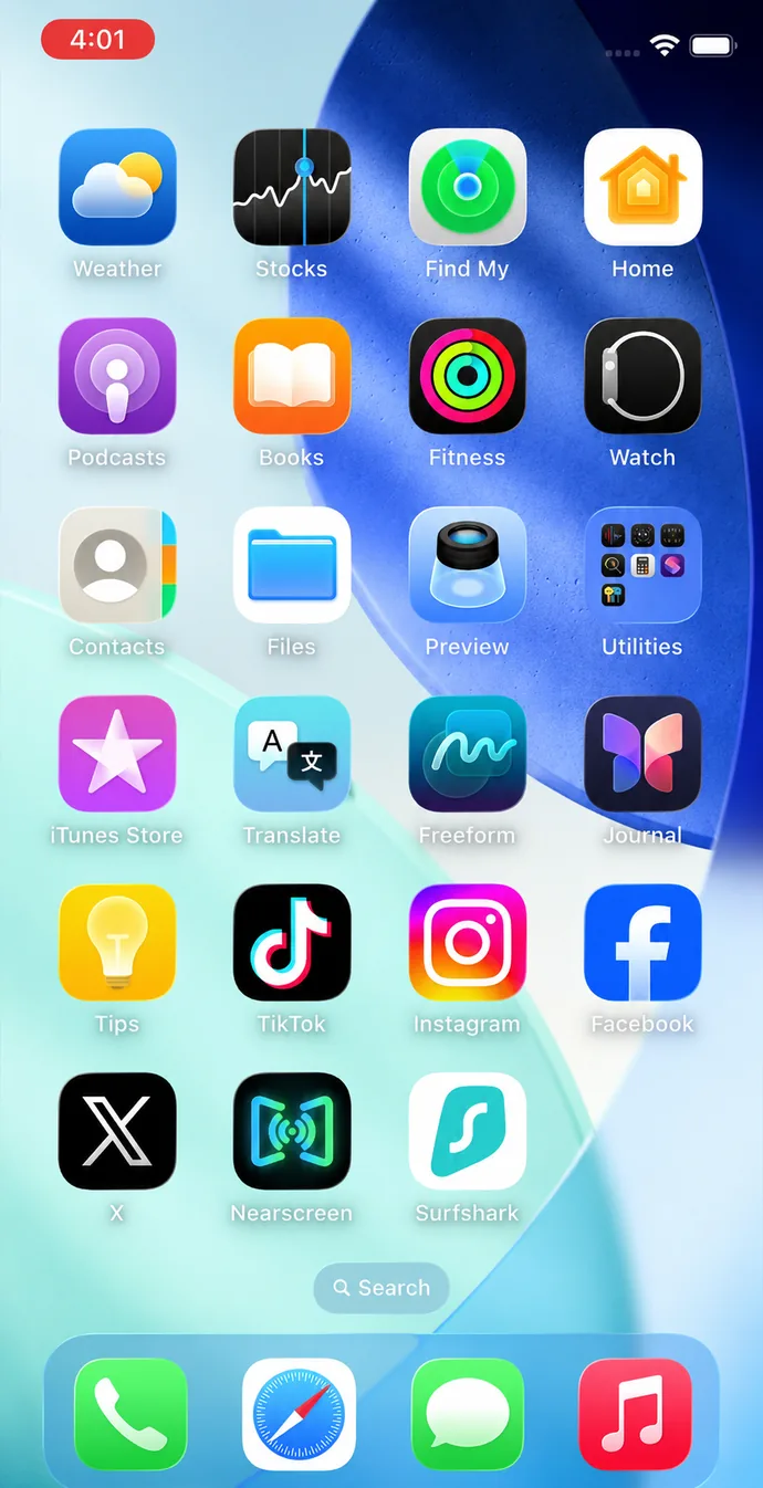 A mirrored iPhone home screen showing app icons, including the Nearscreen app itself.