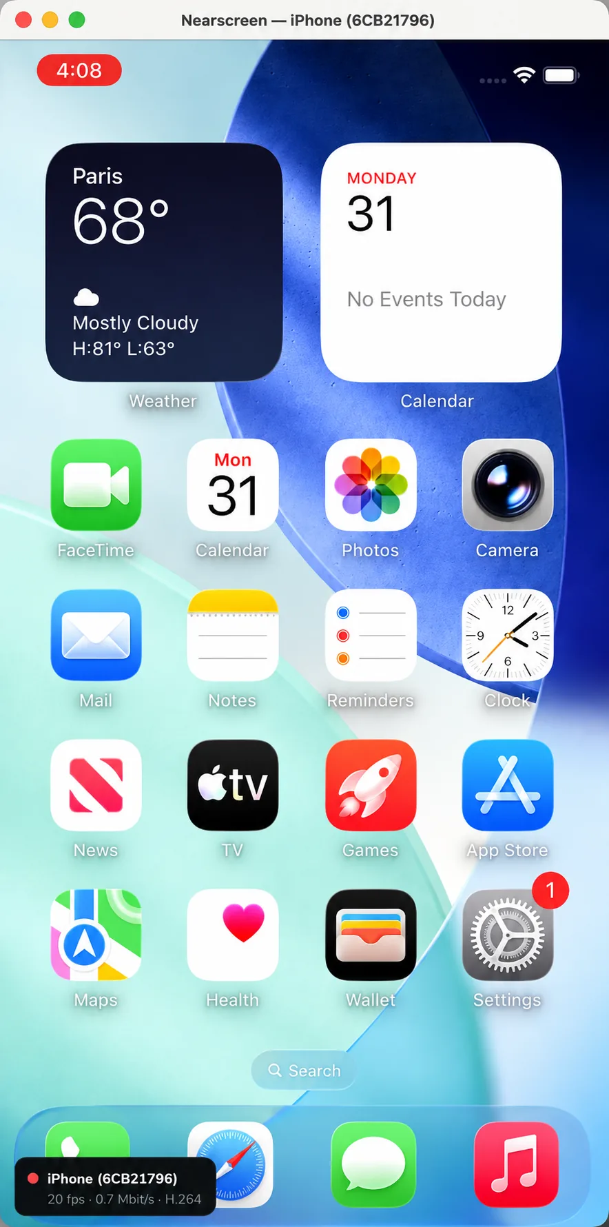 A live iPhone screen mirrored in the Nearscreen receiver window on macOS.