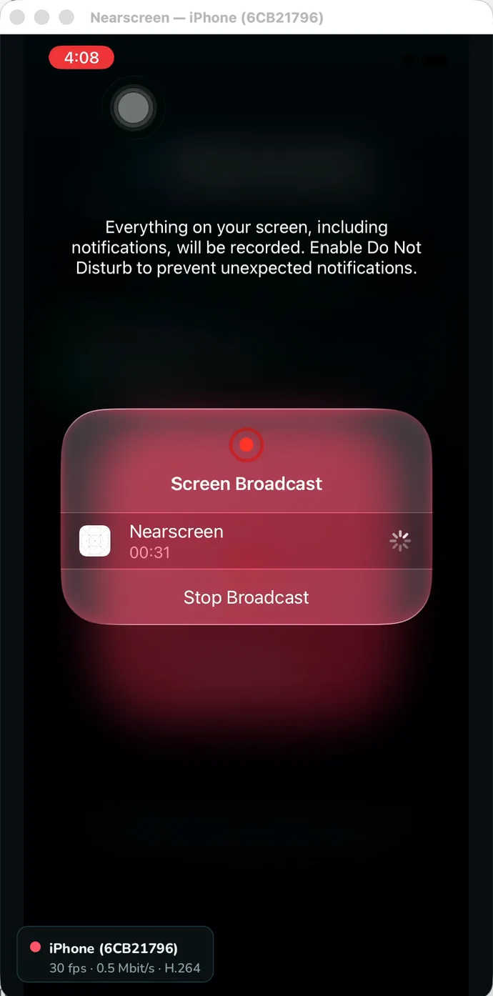 The iOS system Screen Broadcast sheet with Nearscreen selected.