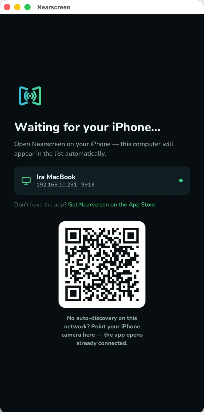 The Nearscreen receiver waiting screen on macOS.