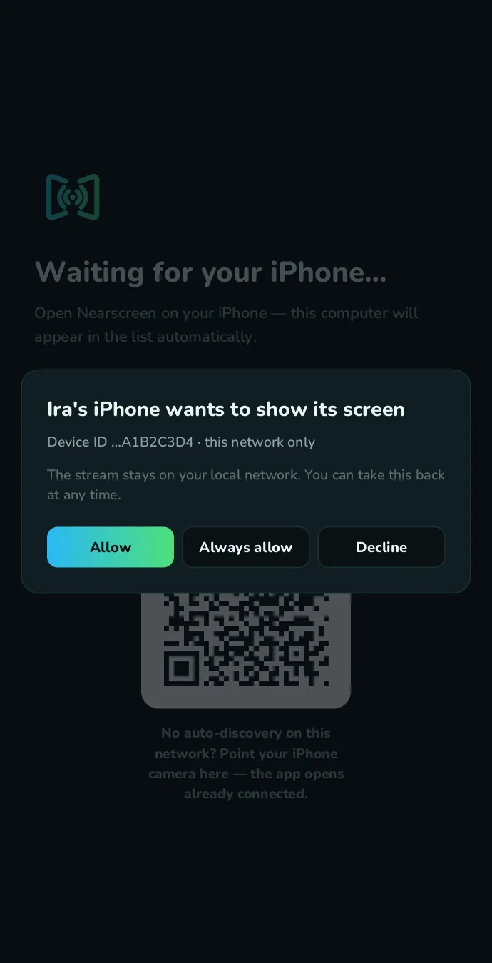The receiver asking for permission before a phone can stream, with Allow, Always allow and Decline buttons.