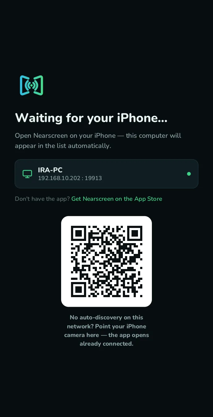The Nearscreen receiver on Windows waiting for a phone, showing the computer name, its local address and a QR code.